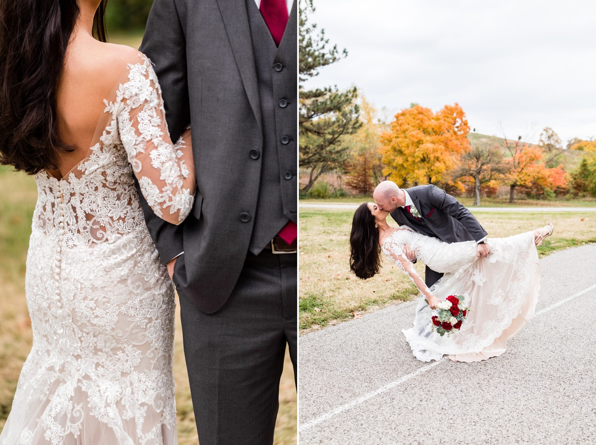 groom dips the bride for a kiss