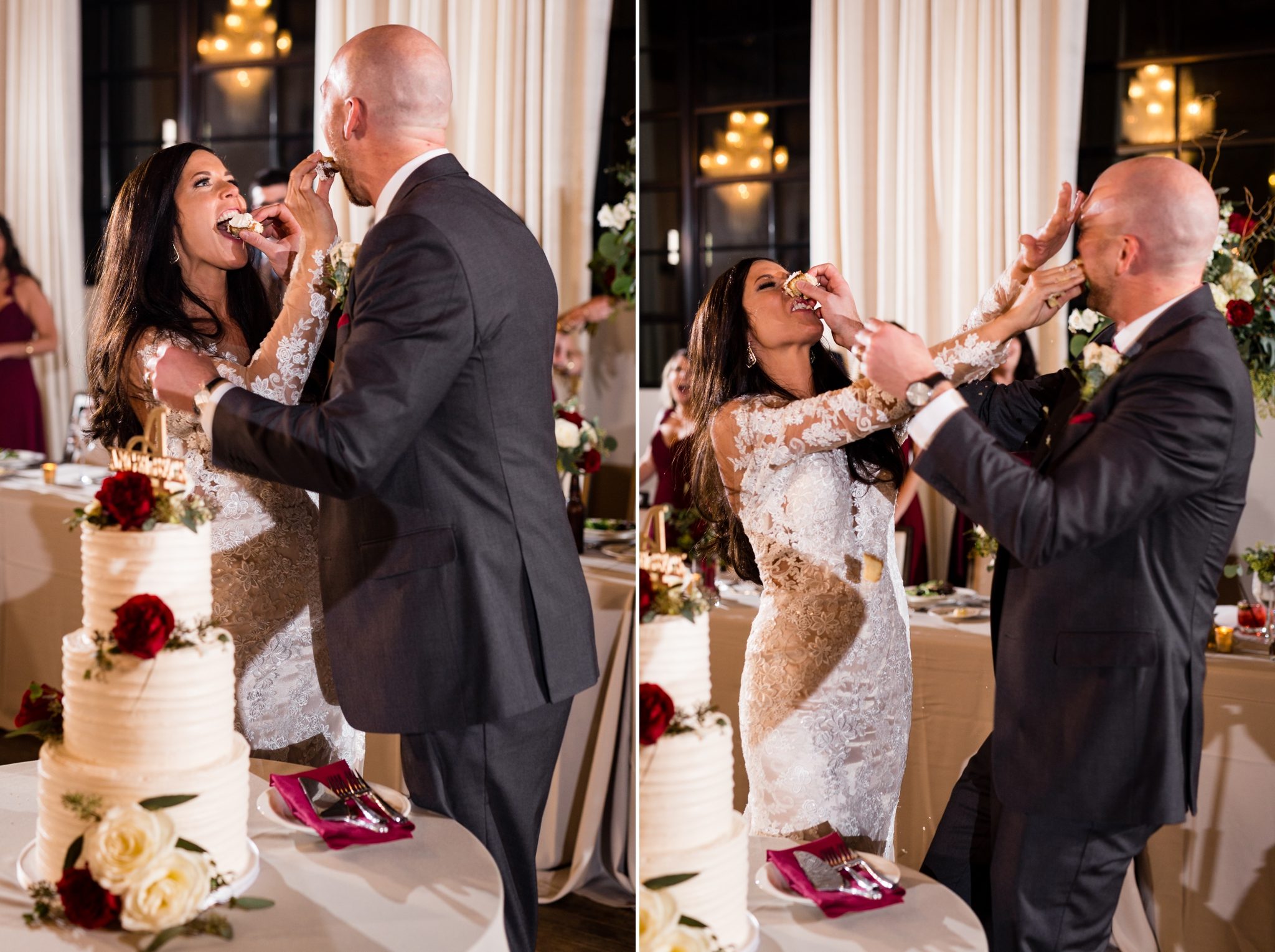 bride + groom smash cake in each other's faces