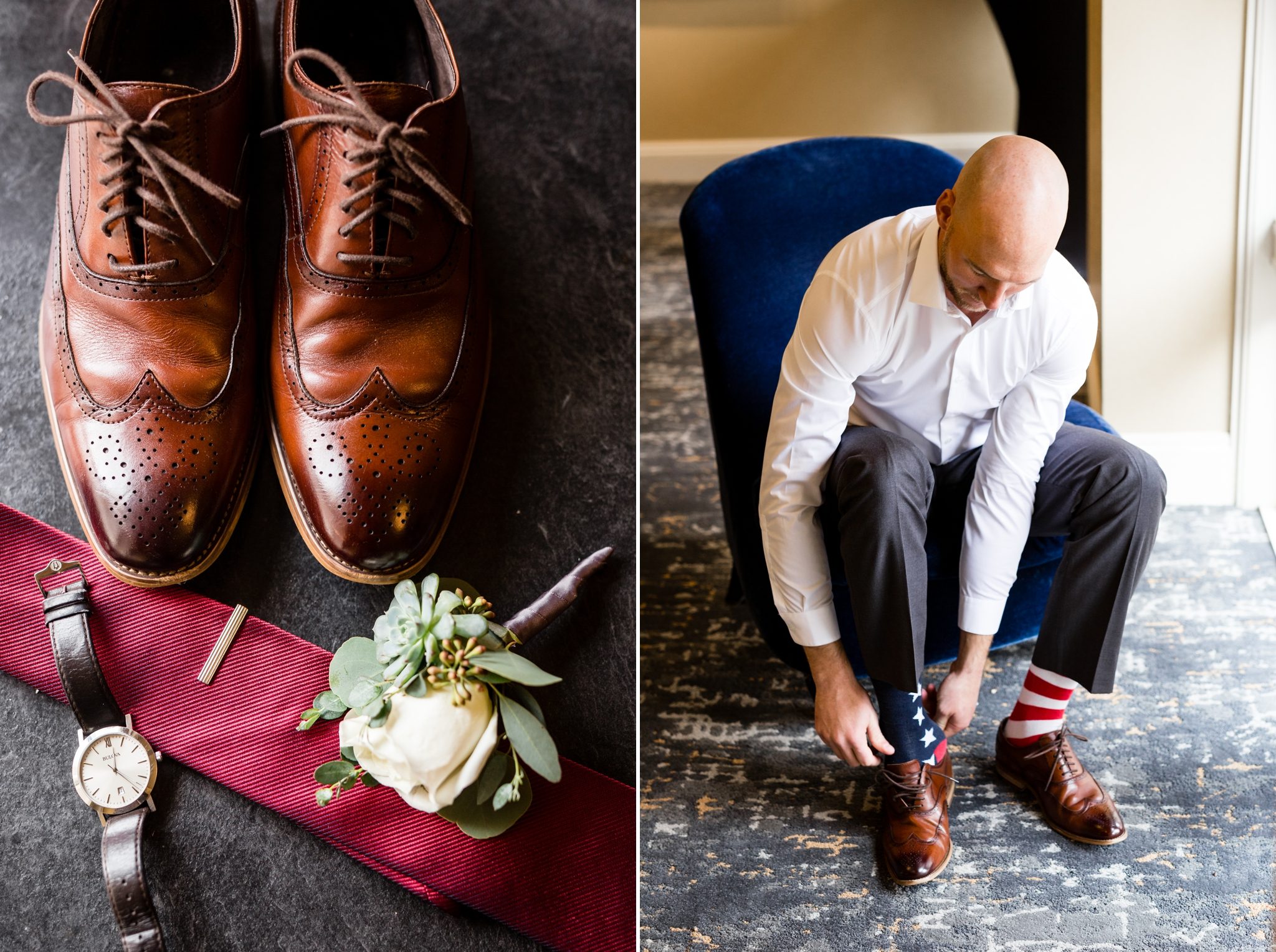 Groom getting ready putting on wingtip shoes